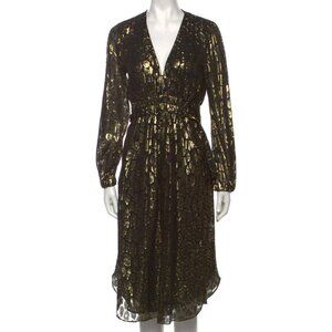A.L.C. Samantha Silk A-line Midi Dress Size 2‎ Animal Print Metallic Black Gold